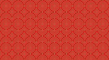 Seamless Asian Background Pattern. Red and Gold Abstract Geometric Wavy Lines. Traditional Japanese Vintage Ornament. Vector Illustration.