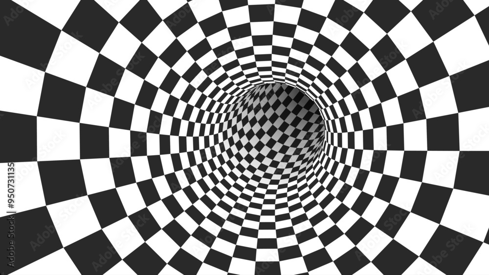 Aufkleber Abstract Black and White Optical Illusion Surrealism Tunnel Portal Pattern. Contrasty Optical Art Gravity Vortex. Smooth Checkered Tunnel and Chessboard in Perspective. Vector Illustration.