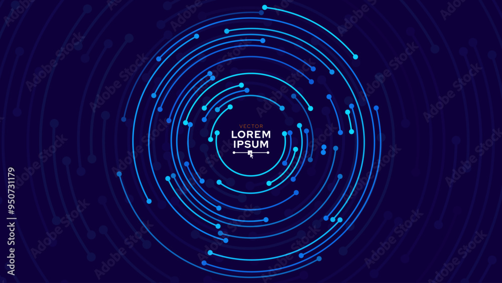 Poster Concentric Circles Digital Tech Circuit Pattern. Technology Background of Circular Lines and Dot Connections. Abstract Circle Big Data Transmission Internet Network. Vector Illustration.