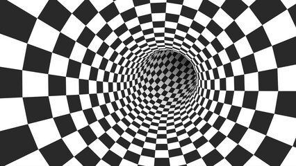 Fototapeta premium Abstract Black and White Optical Illusion Surrealism Tunnel Portal Pattern. Contrasty Optical Art Gravity Vortex. Smooth Checkered Tunnel and Chessboard in Perspective. Vector Illustration.
