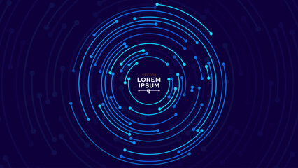 Concentric Circles Digital Tech Circuit Pattern. Technology Background of Circular Lines and Dot Connections. Abstract Circle Big Data Transmission Internet Network. Vector Illustration.