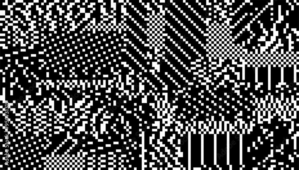 Poster glitch checkered pixels pattern. pixel art chaotic glitchy background. 90s cctv vhs screen vibe. vec