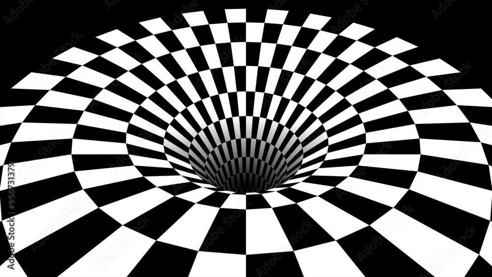 Poster Abstract Black and White Optical Illusion Surrealism Tunnel Portal Pattern. Contrasty Optical Art Gravity Vortex. Smooth Checkered Tunnel and Chessboard in Perspective. Vector Illustration.