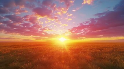 A stunning sunrise over a vast prairie with the sky ablaze in vibrant colors.