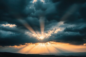 Majestic Sunset with Dark Rolling Clouds and Sun Rays Peeking Through - Dramatic Sky Landscape Scenery
