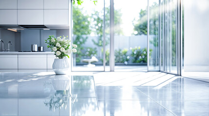 Fototapeta premium White flowers vase modern kitchen sunlight home interior design clean minimal bright apartment house
