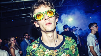  Dazed raver in psychedelic glasses at underground warehouse party