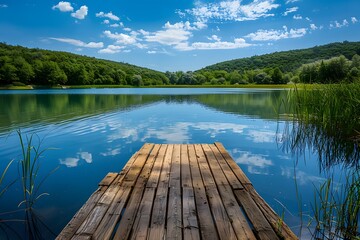 Obraz premium Serene Lakeside View with a Wooden Dock Under a Bright Blue Sky
