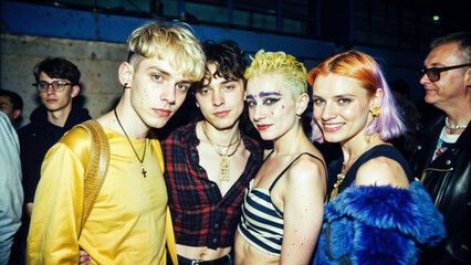 Shy non-binary ravers in intimate close-up sharing moment at dimly lit warehouse party
