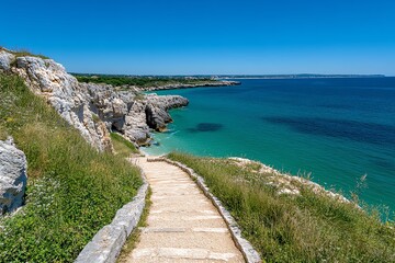 Forever Summer with a serene coastal walk, illustrated with a path winding along the edge of the ocean, leading to hidden coves and secret beaches