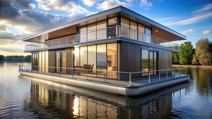 Obraz premium Modern houseboat with sleek design and large windows , water, lifestyle, travel, vacation, floating, luxury