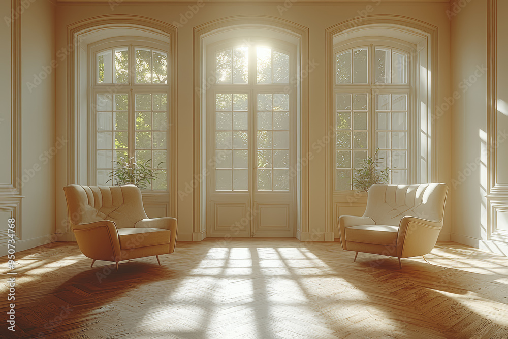 Wall mural an empty room with furniture subtly shifting positions, hinting at an invisible mover. concept of un