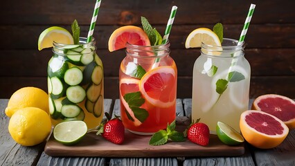 Lemonades with lemons, cucumbers, limes, grapefruits, strawberries, mint leaves and garnet seeds served on wooden table.