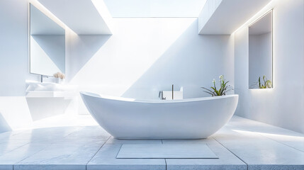 Modern minimalist white bathroom interior design with freestanding bathtub washbasin mirrors and sunlight from skylight window home spa and relaxation concept