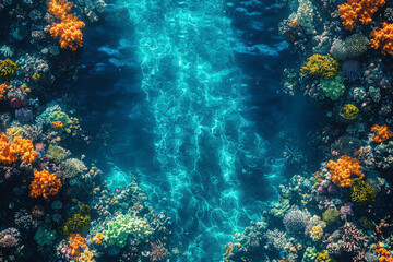 Obraz premium An aerial image of a vibrant coral reef system with clear blue water highlighting the intricate patterns of marine life. Concept of underwater ecosystems and coral diversity.
