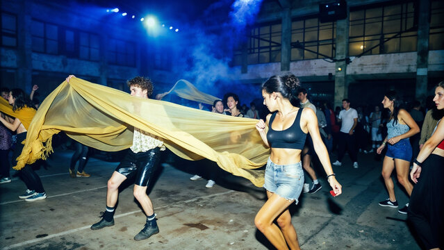 Graceful dancers with flowing yellow fabric performing in misty blue-lit warehouse party