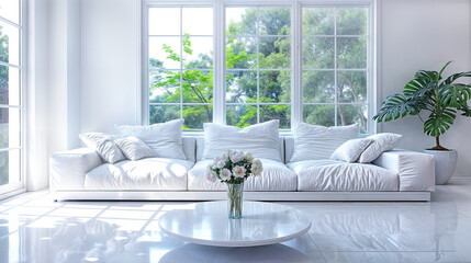 Modern bright interior white sofa green plant minimalism design living room home decoration apartment furniture house window style contemporary architecture interior design