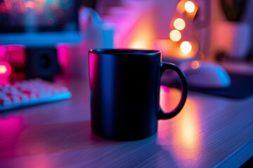 Obraz premium Mockup of a Black Mug on a Desk with Neon Lights in the Background