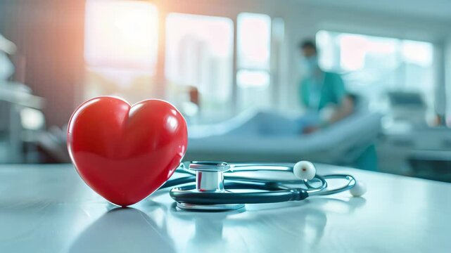Red heart with physician's stethoscope on hospital background