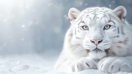 Obraz premium Majestic white tiger resting in snowy landscape during winter