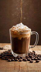 A cool iced coffee cup sits on a warm wooden table surrounded by a few coffee beans and a sugar cube against a soft, creamy background that evokes the feeling of the morning sun.