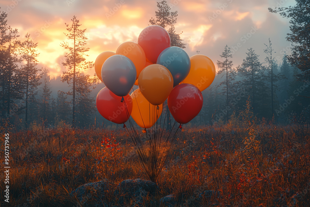 Poster a series of floating balloons with no strings visible, as if held by an unseen person. concept of ma