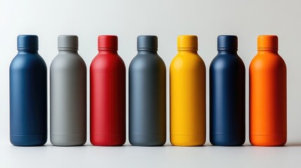 Row of Insulated Water Bottles with Matte Finish in Gradient Colors: Grey, Navy Blue, Red, Orange, Yellow, Dark Blue