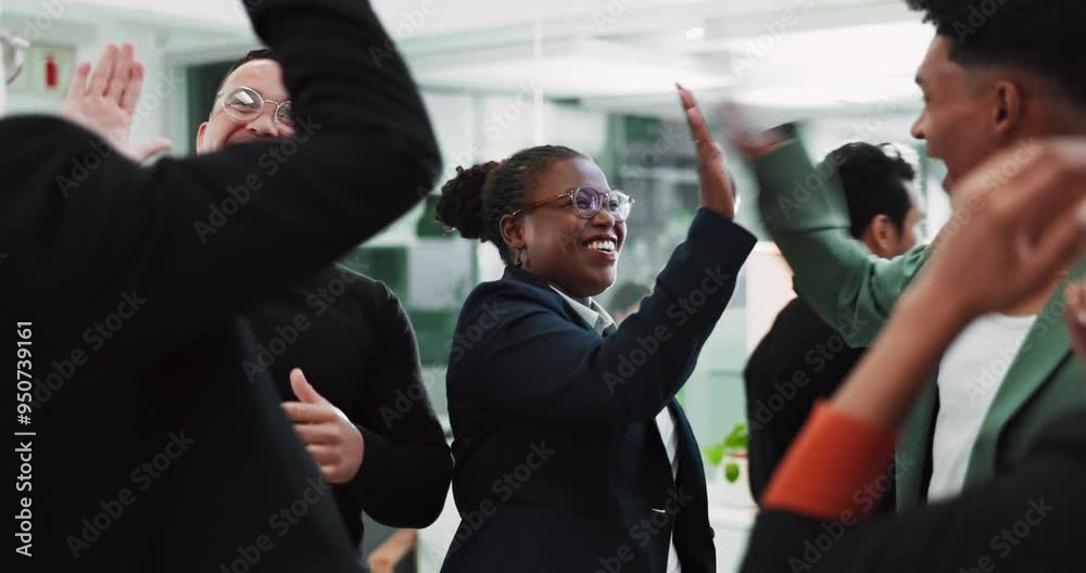 Wall mural Business people, applause and high five celebration for success with investment contract or company growth. Finance team, cheering or clapping hands with diversity group for kpi target goal in office