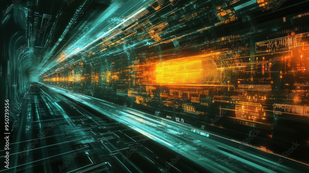 Poster Futuristic Digital Tunnel with Glowing Lines and Data