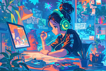 Creative Girl listening to music and painting in her cozy bedroom with a view of the starry night sky. Anime style, Cozy vibes