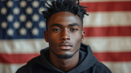 Young black male US American election voter portrait in front of American flag. American patriot vote for new president. Copy space.