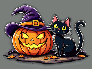 Obraz premium Halloween cat and pumpkin Jack o lantern Purple Witch Hat Black Cat candle lit pumpkin holiday design graphic 