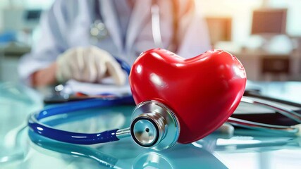 Red heart with physician's stethoscope on hospital background