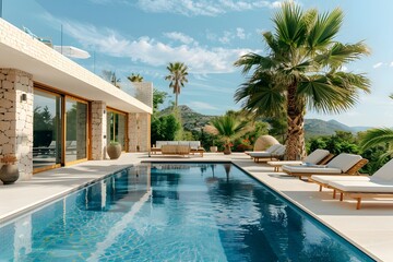 Fototapeta premium Serene Modern Villa with Pool Surrounded by Lush Palm Trees and Scenic Views