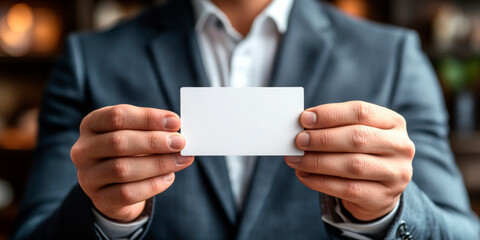 Fototapeta premium Professional businessman in a suit presenting a blank business card, perfect for personalized branding in a corporate setting