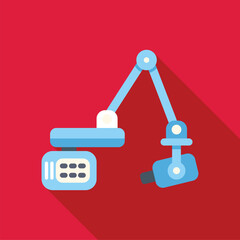 Blue and white dental x ray machine casting a long shadow on a red background