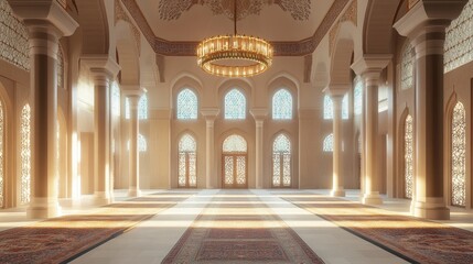 Magnificent Mosque Interior with Ornate Arches and Chandelier