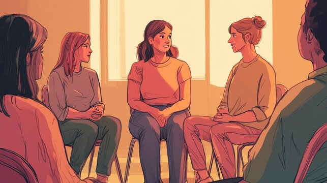 Illustration of a supportive group therapy session with diverse individuals sharing experiences in a comfortable, inclusive environment