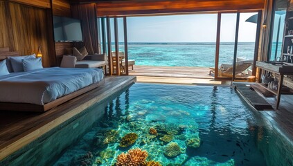 a bedroom with an indoor pool, where the water is clear and you can see fish swimming around