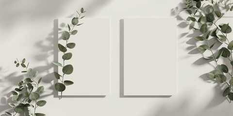Wedding invitation card mockup featuring eucalyptus twigs on both front and back sides