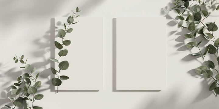 Wedding invitation card mockup featuring eucalyptus twigs on both front and back sides