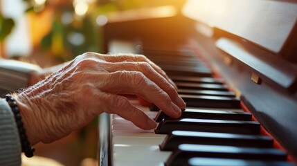 Senior man enjoys playing piano in living room, embracing music as a joyful hobby in retirement