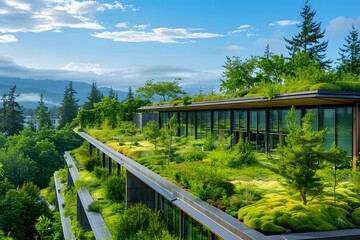 Obraz premium Lush Green Rooftop Garden Overlooking a Scenic Landscape