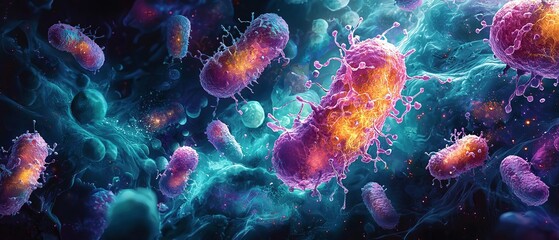 An illustration of the spread of bacteria within human cells, with detailed views of cellular interactions and their effects on medical research