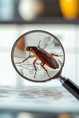 Cockroaches under a magnifying glass with a white kitchen in the background. The scene highlights the concept of dealing with household pests and insects.