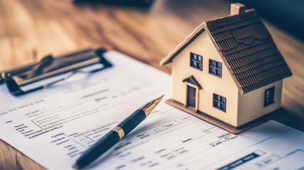 Real Estate Contract and Model House on Wooden Desk