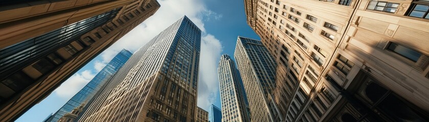 Tall buildings reaching towards a bright blue sky