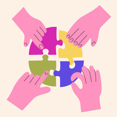 Teamwork concept. Human hands holding colorful puzzle.  partnership, business solution concept
