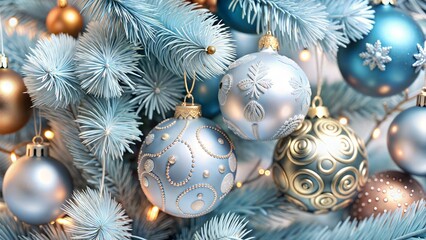 Christmas ornaments on blue tree branches with festive mood and soft lights in the background
