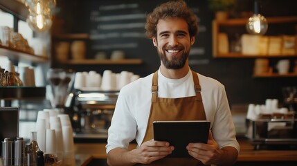 A man with a beard is smiling and holding a tablet in a cafe. He is wearing an apron and standing behind a counter